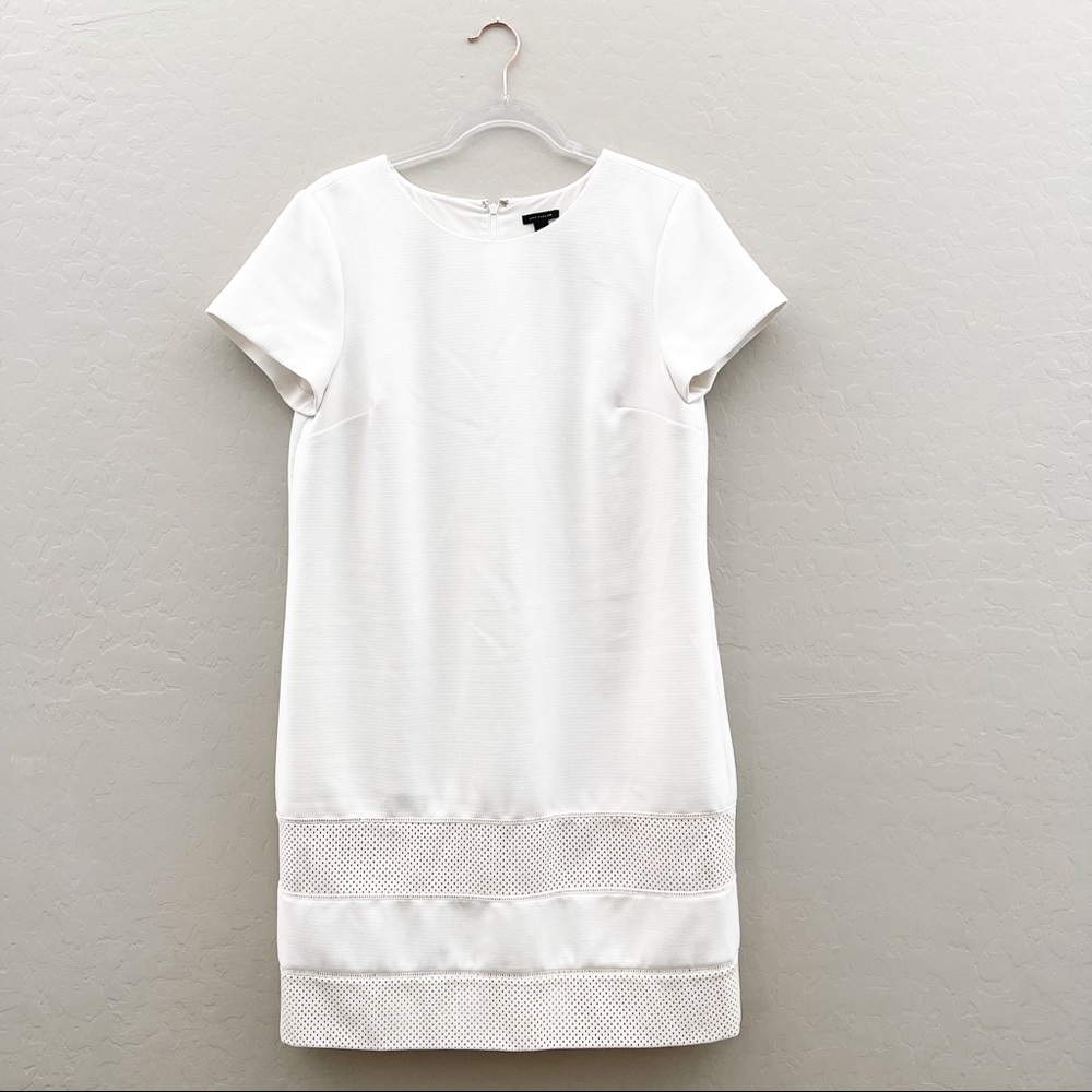 Ann Taylor Women's Faux Leather Banded Shift Dress Ivory Short Sleeve 12